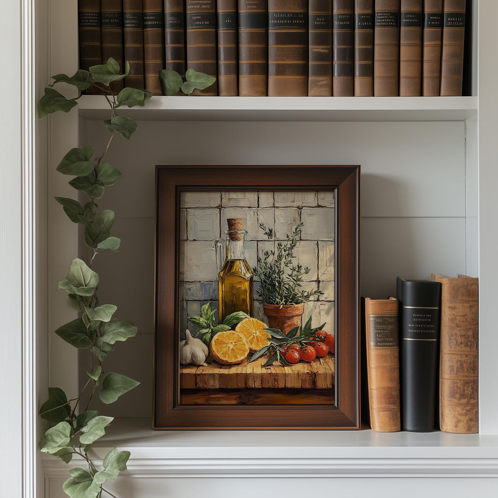 Olive Oil Still Life kitchen art print shown in a room setting