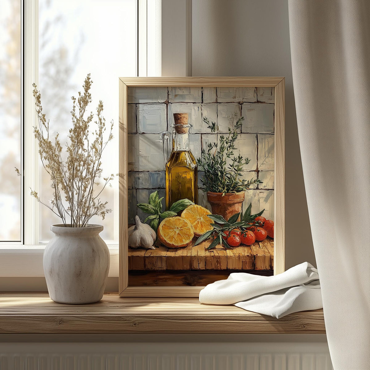 Olive Oil Still Life kitchen art print shown in a room setting
