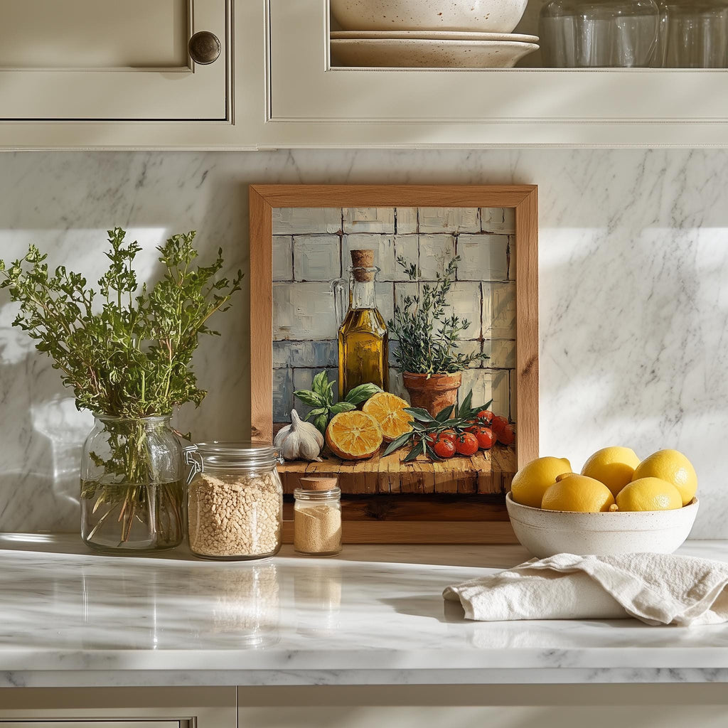 Olive Oil Still Life kitchen art print shown in a room setting