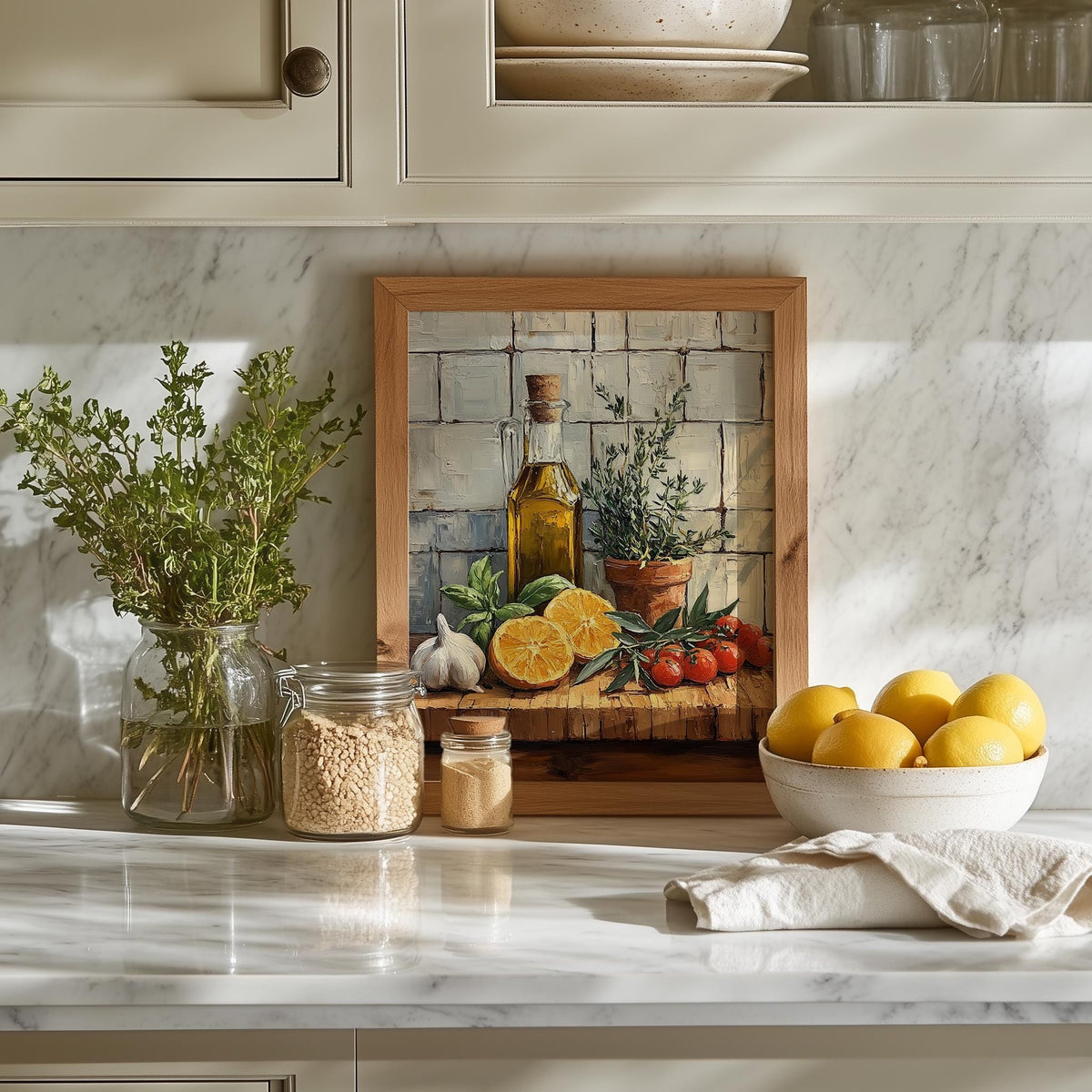 Olive Oil Still Life kitchen art print shown in a room setting