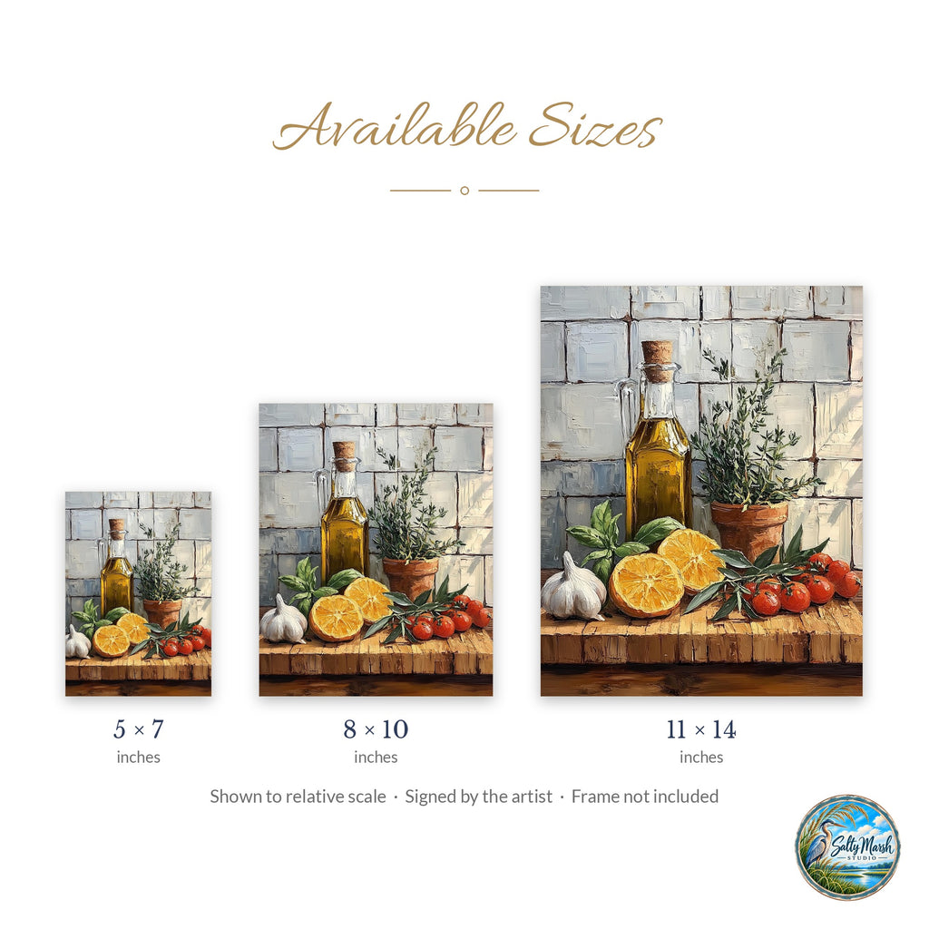 Olive Oil Still Life art print size guide: 5x7, 8x10 and 11x14