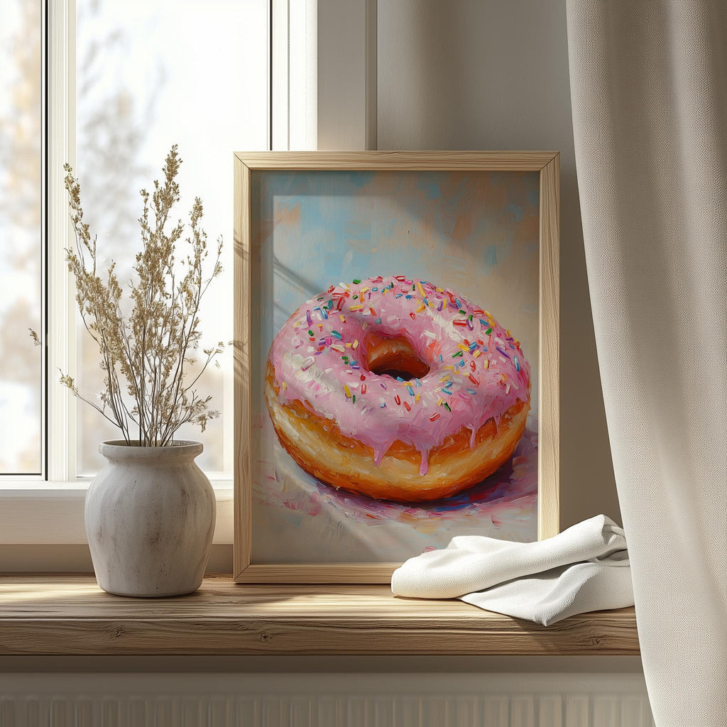Pink Donut kitchen art print shown in a room setting