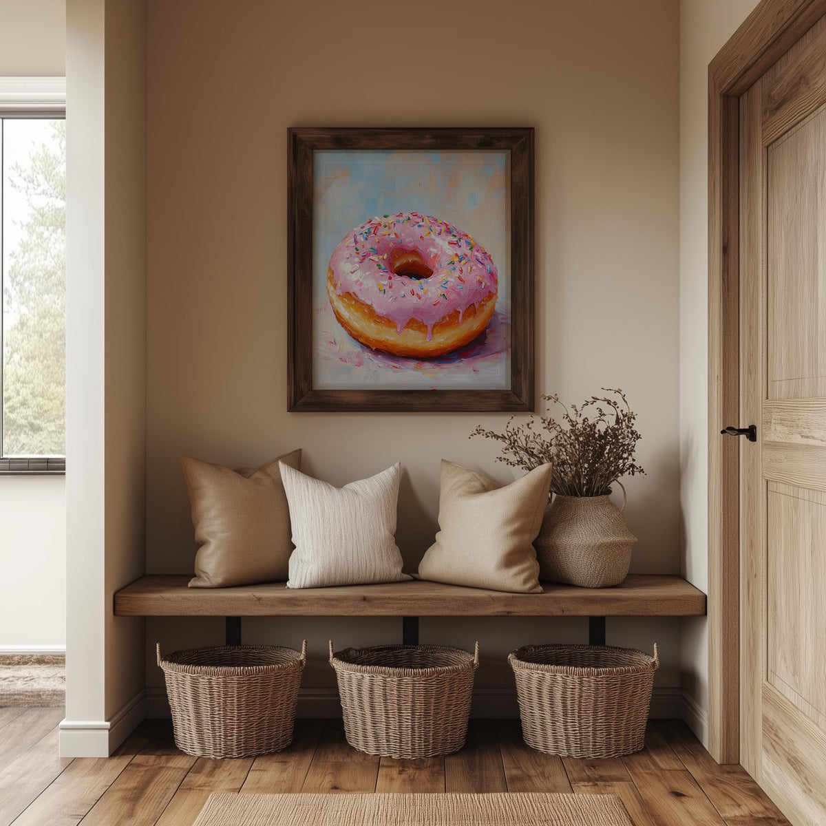 Pink Donut kitchen art print shown in a room setting