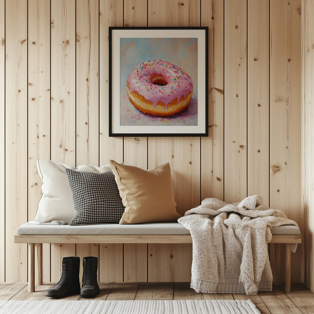 Pink Donut kitchen art print shown in a room setting
