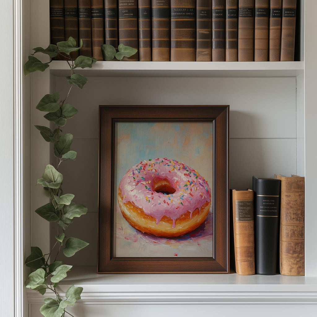 Pink Donut kitchen art print shown in a room setting