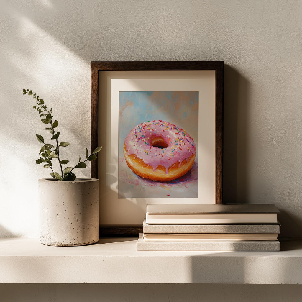 Pink Donut kitchen art print shown in a room setting