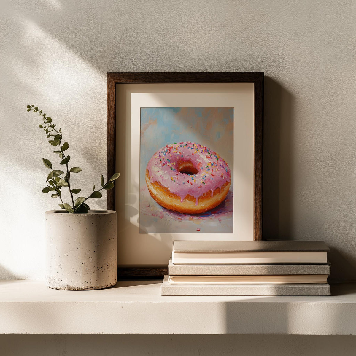 Pink Donut kitchen art print shown in a room setting