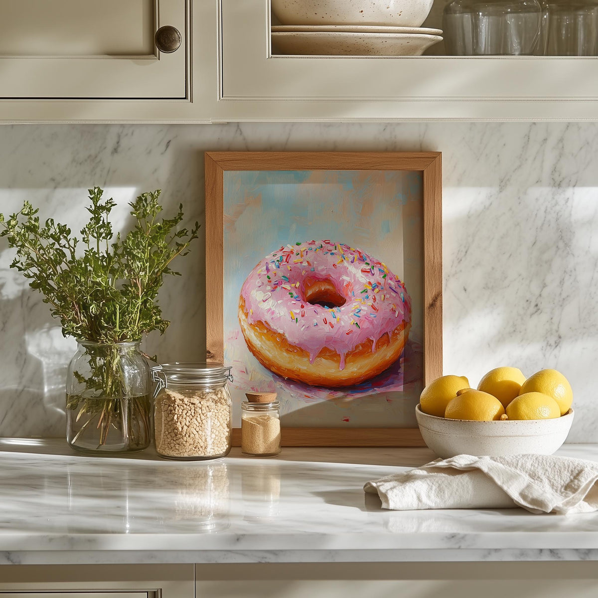 Pink Donut kitchen art print shown in a room setting