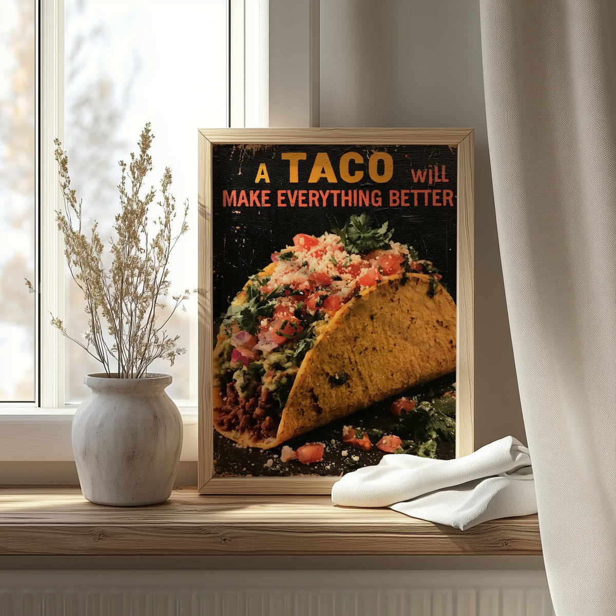 Taco Quote kitchen art print shown in a room setting