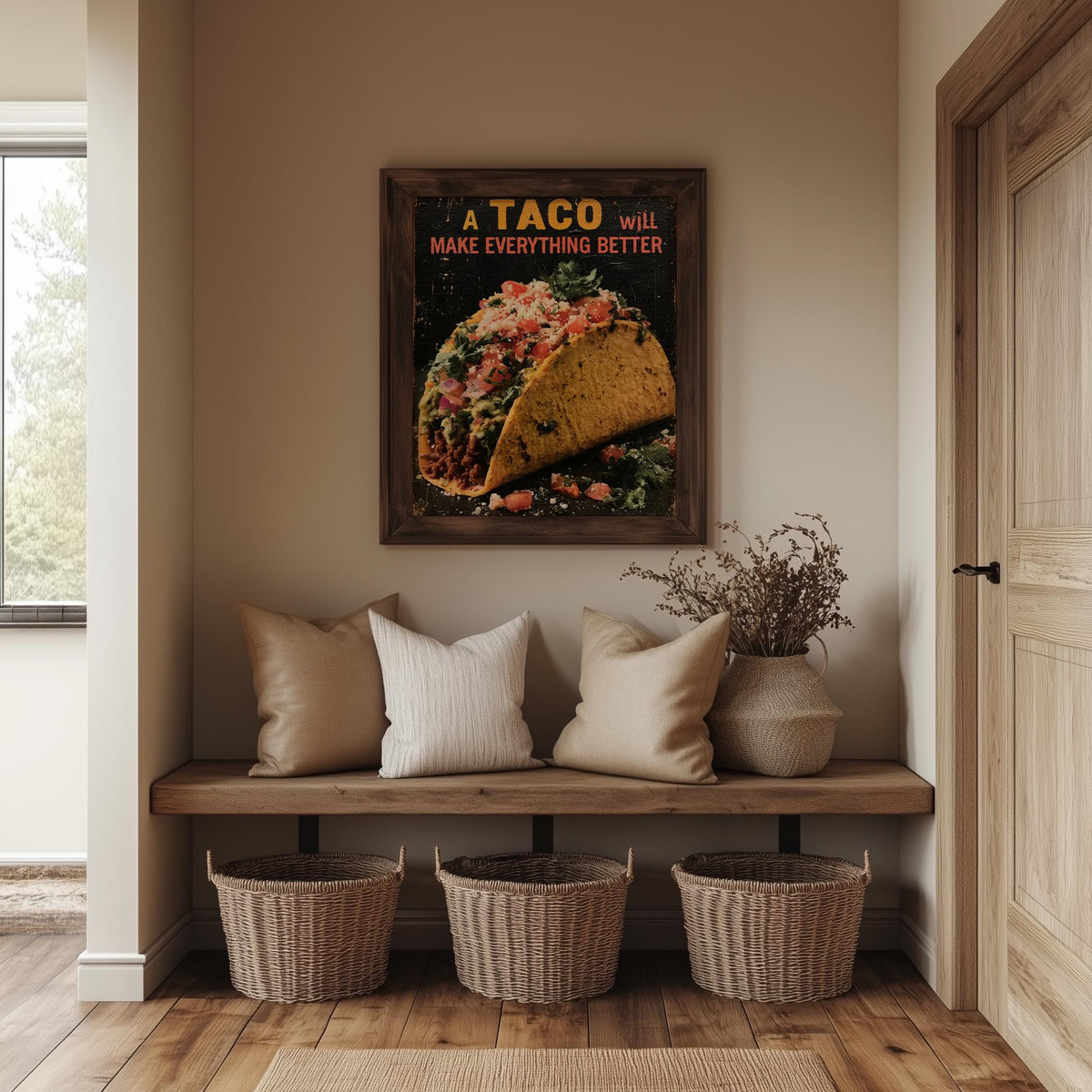 Taco Quote kitchen art print shown in a room setting