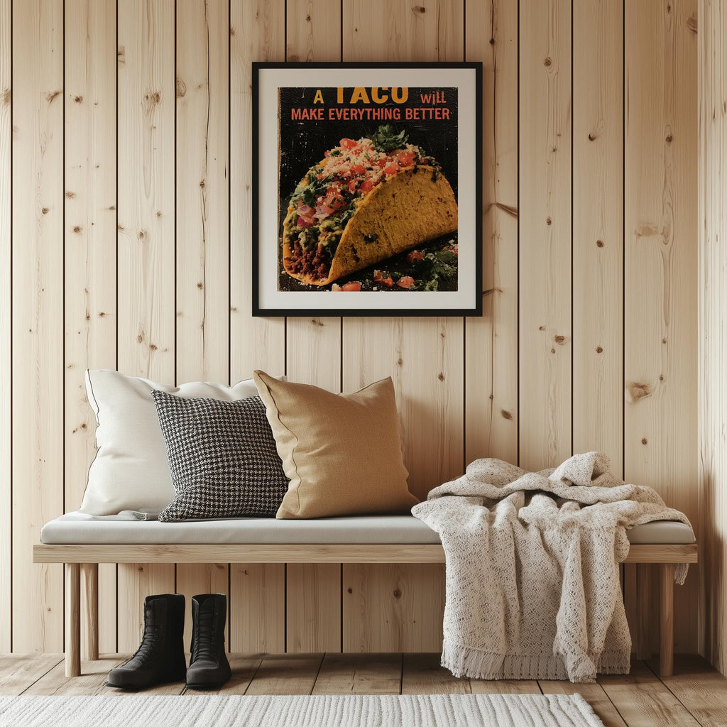Taco Quote kitchen art print shown in a room setting