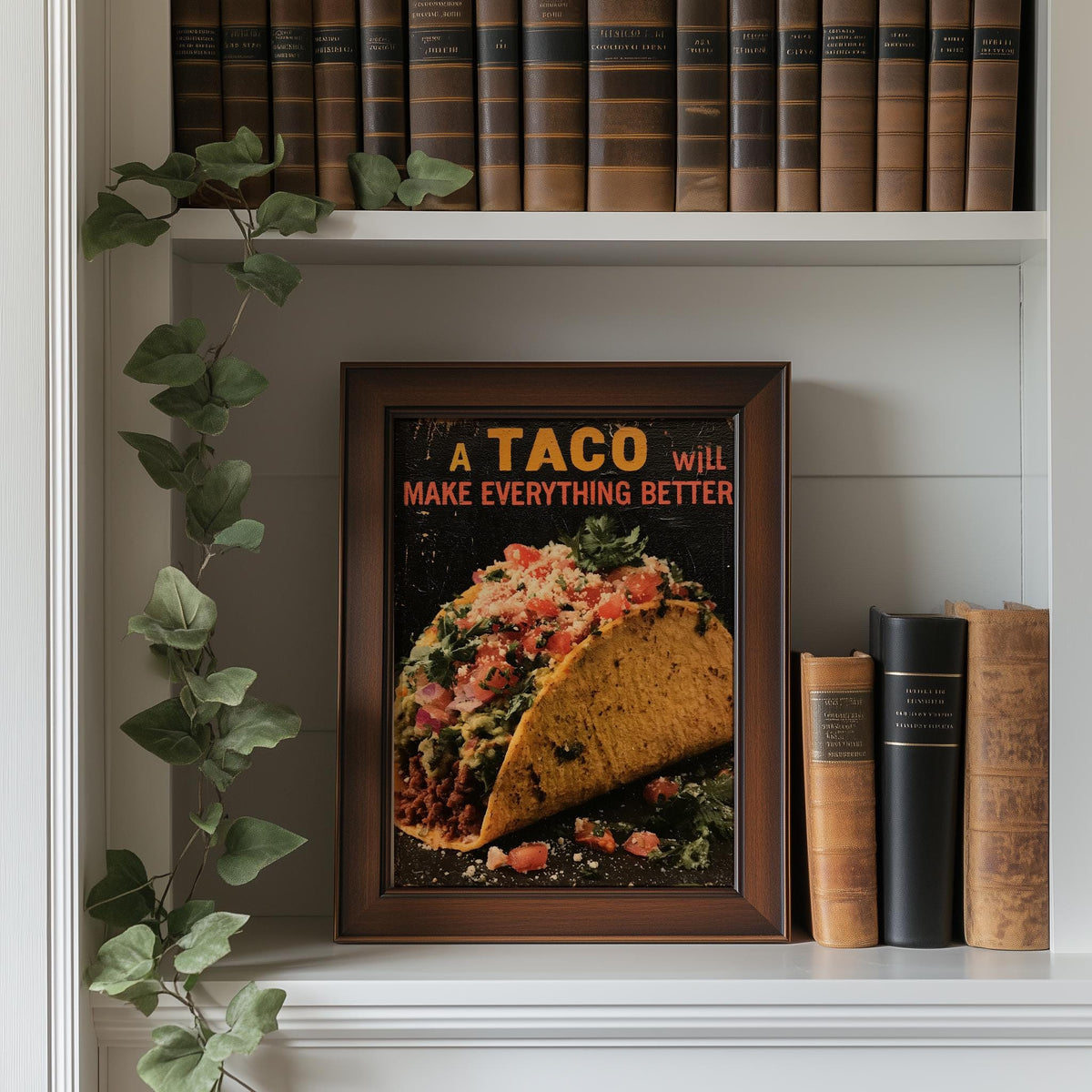 Taco Quote kitchen art print shown in a room setting