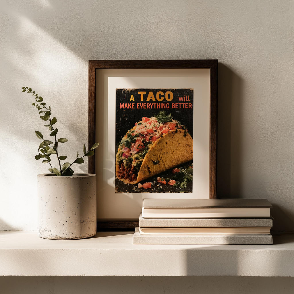 Taco Quote kitchen art print shown in a room setting