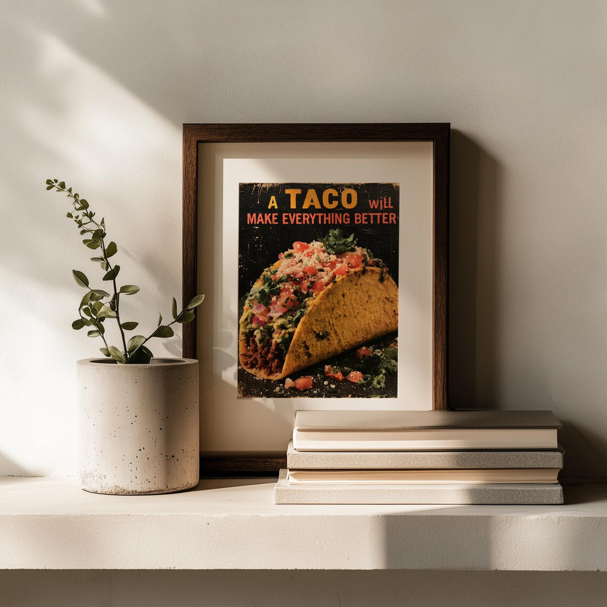 Taco Quote kitchen art print shown in a room setting