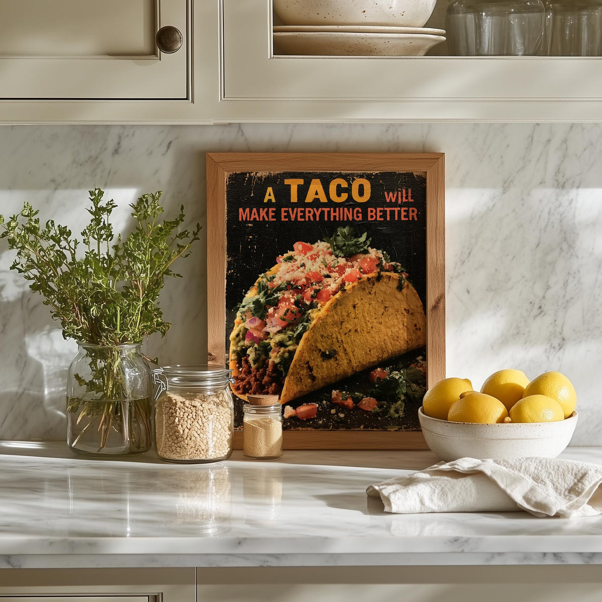 Taco Quote kitchen art print shown in a room setting