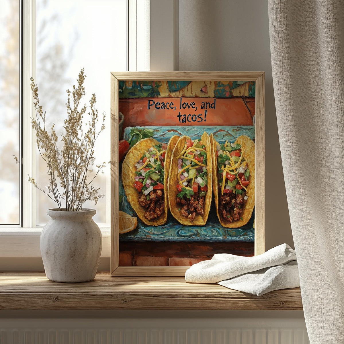 Peace Love Tacos kitchen art print shown in a room setting