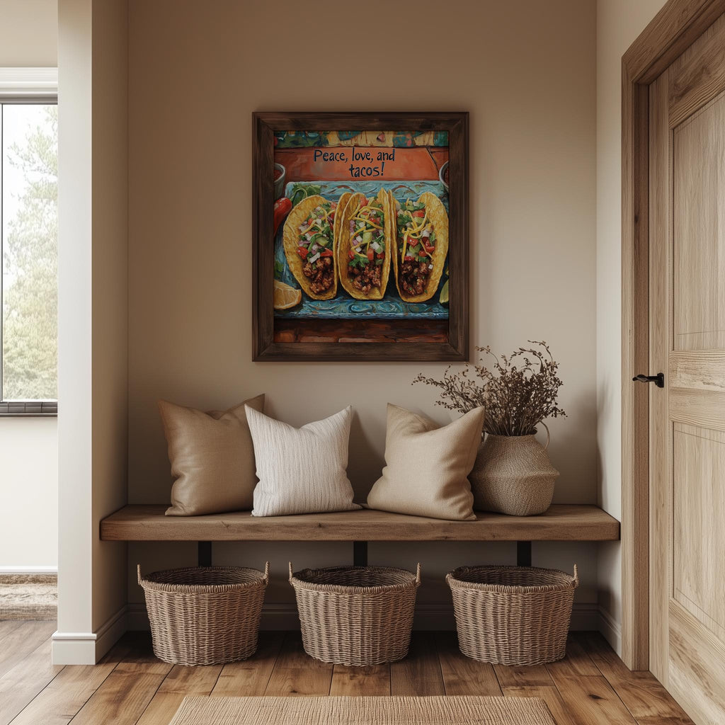 Peace Love Tacos kitchen art print shown in a room setting