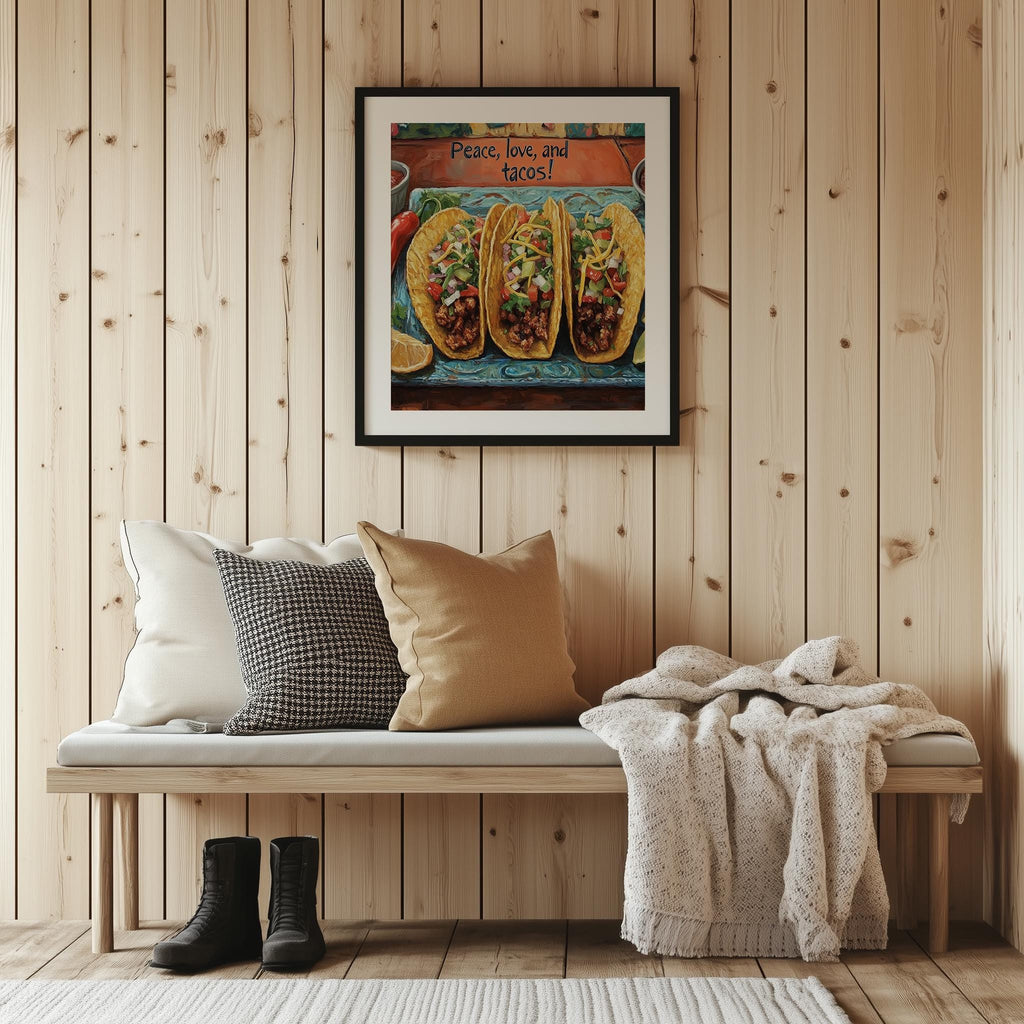 Peace Love Tacos kitchen art print shown in a room setting
