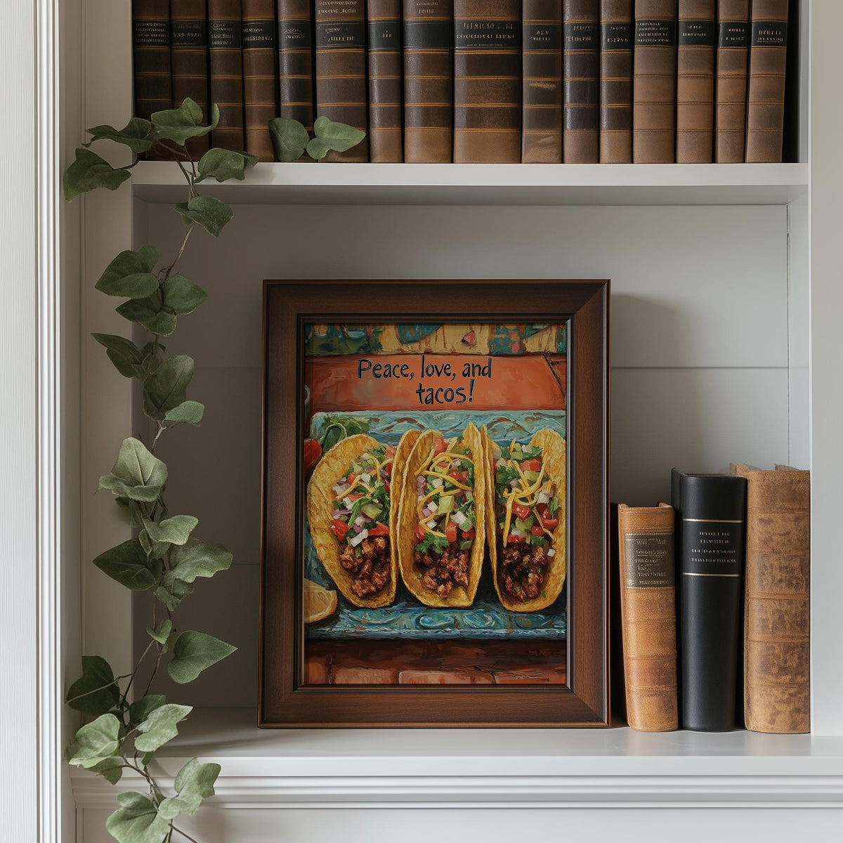Peace Love Tacos kitchen art print shown in a room setting