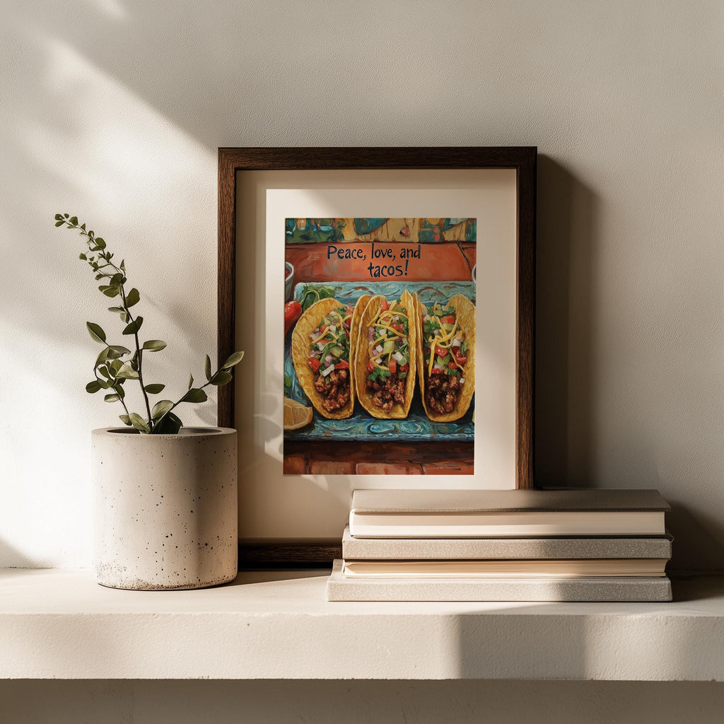 Peace Love Tacos kitchen art print shown in a room setting