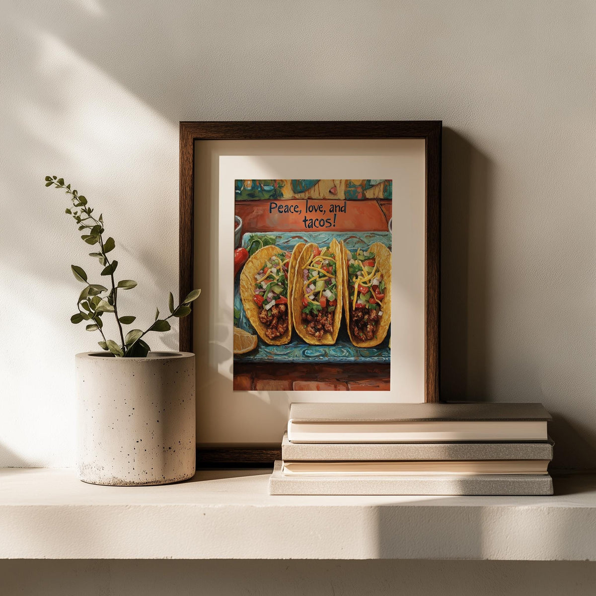 Peace Love Tacos kitchen art print shown in a room setting
