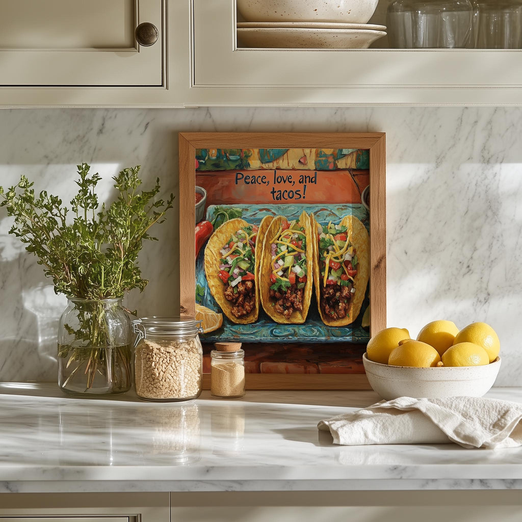 Peace Love Tacos kitchen art print shown in a room setting