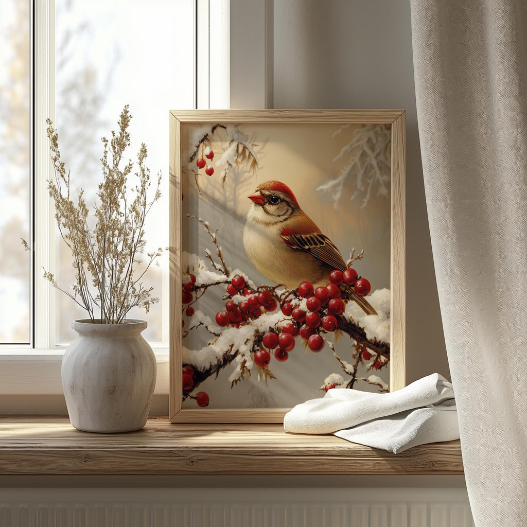 Winter Bird Christmas art print shown in a room setting