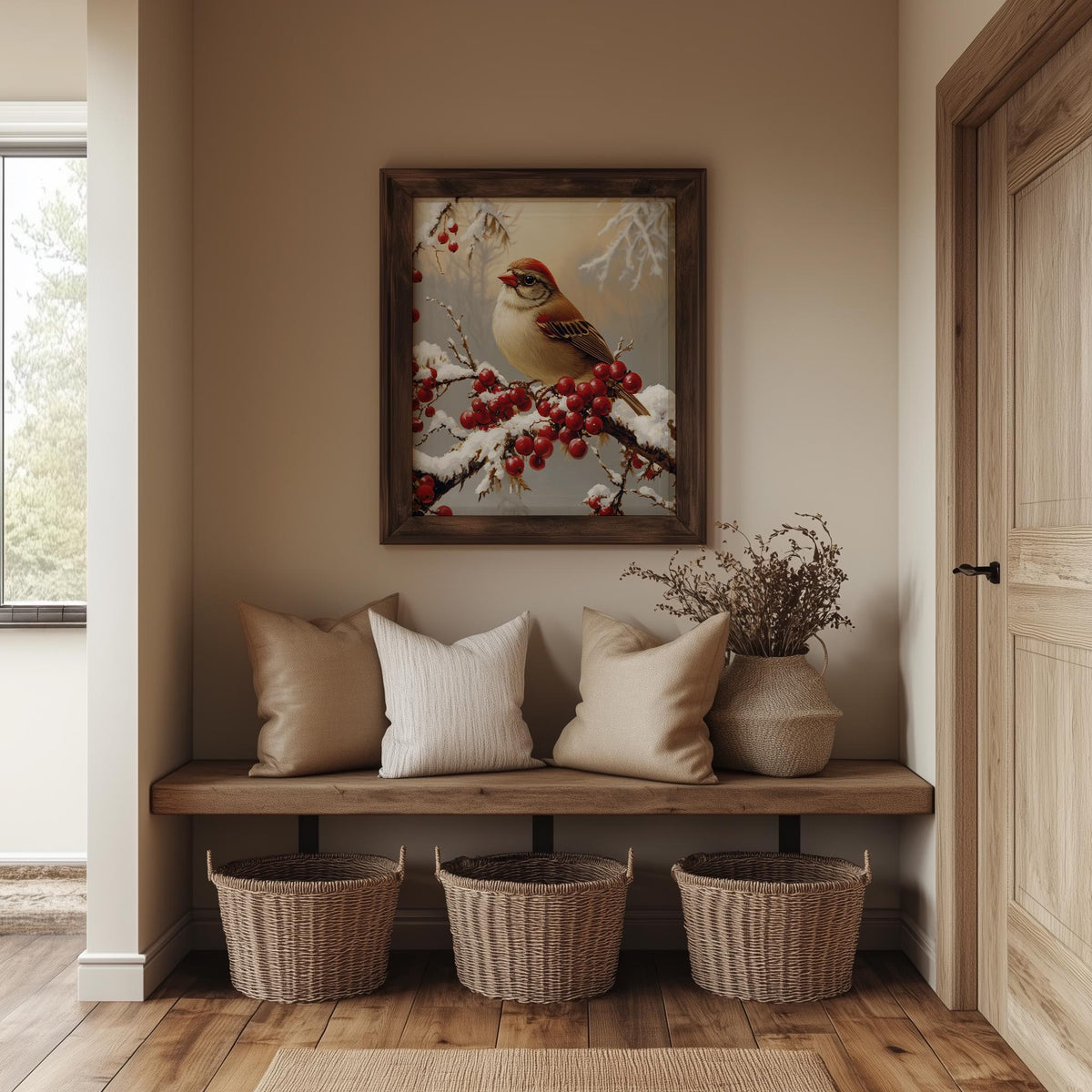 Winter Bird Christmas art print shown in a room setting