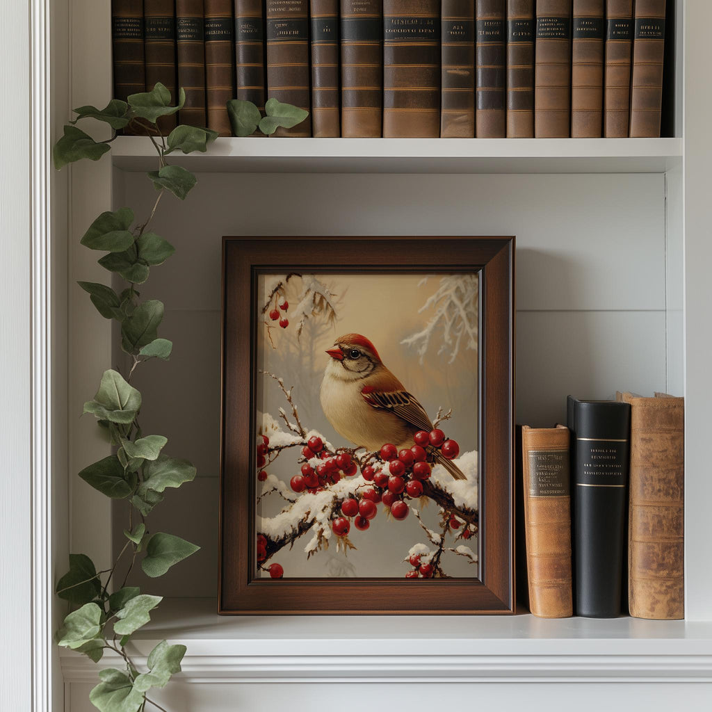Winter Bird Christmas art print shown in a room setting