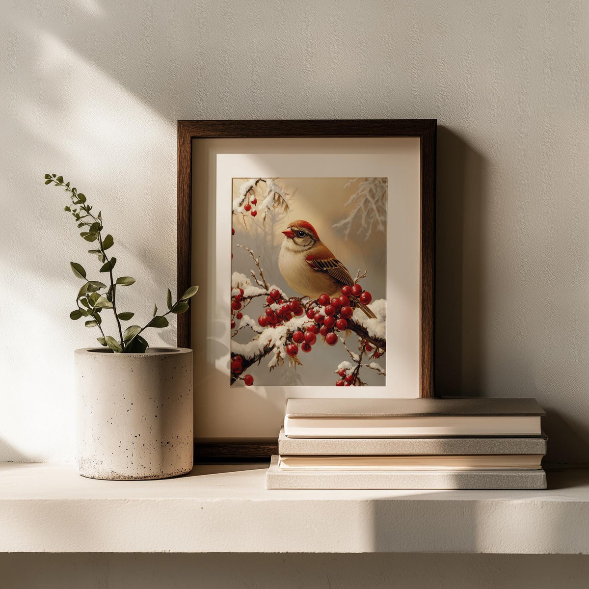 Winter Bird Christmas art print shown in a room setting