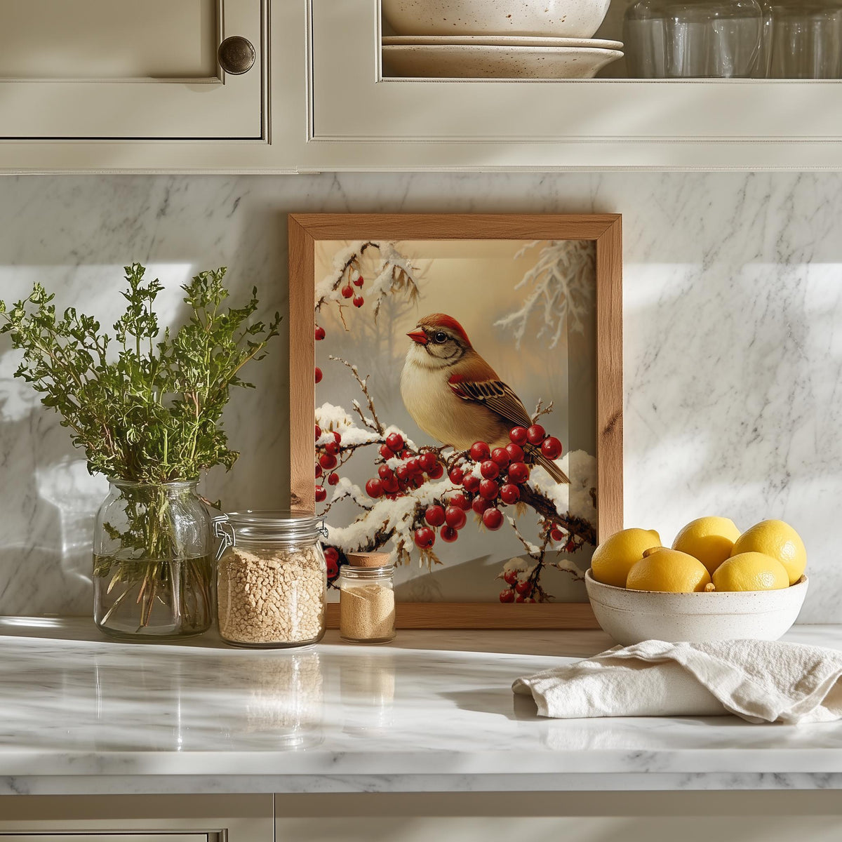 Winter Bird Christmas art print shown in a room setting