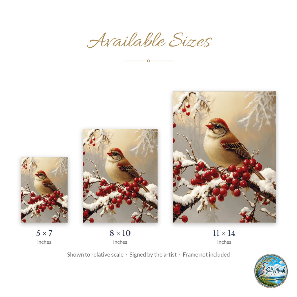Winter Bird art print size guide: 5x7, 8x10 and 11x14