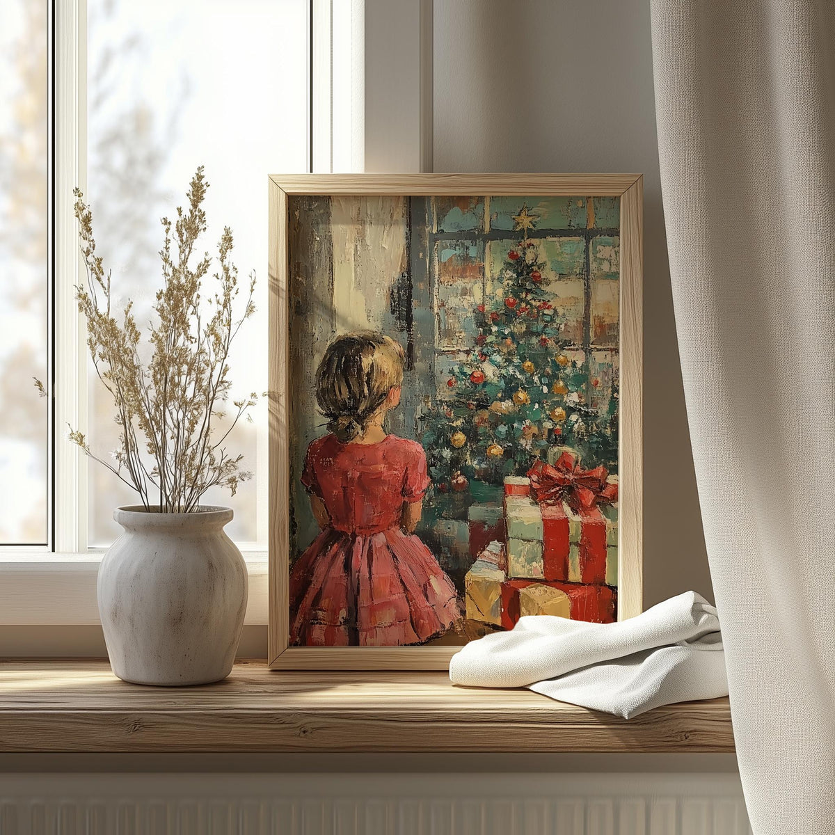 Christmas Morning Christmas art print shown in a room setting