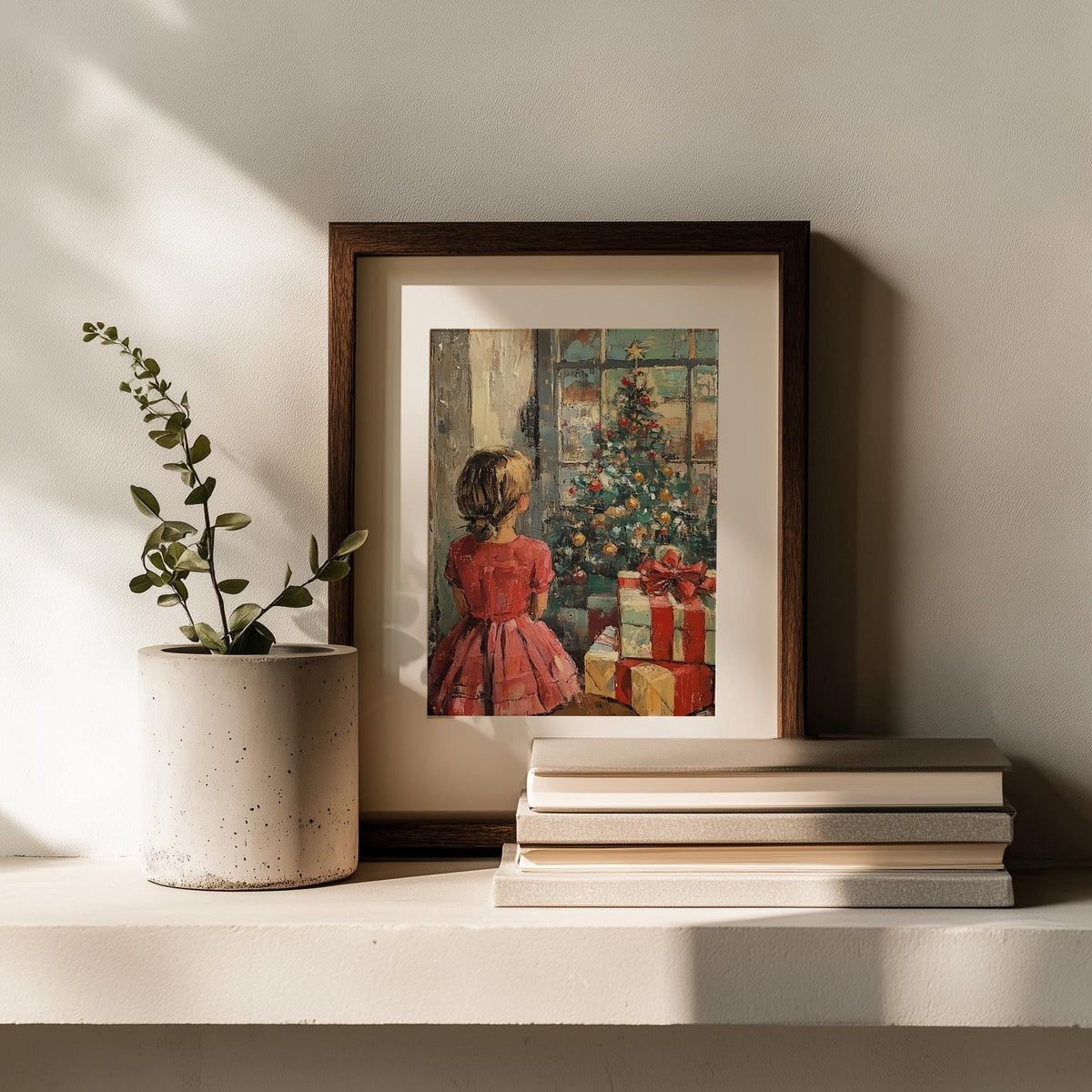 Christmas Morning Christmas art print shown in a room setting