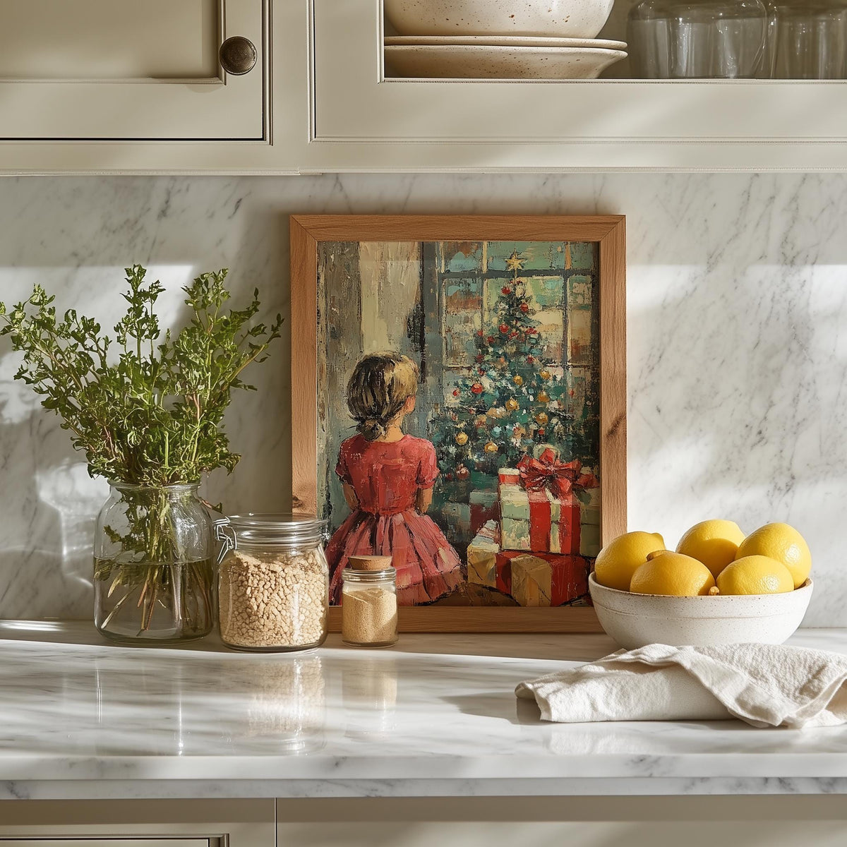 Christmas Morning Christmas art print shown in a room setting