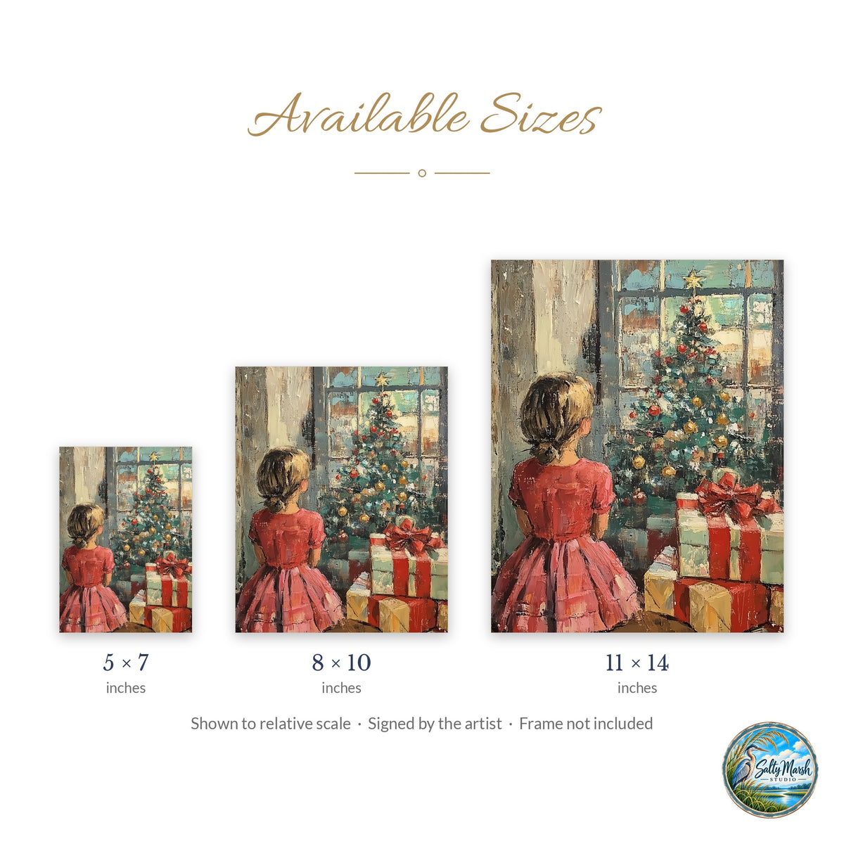 Christmas Morning art print size guide: 5x7, 8x10 and 11x14