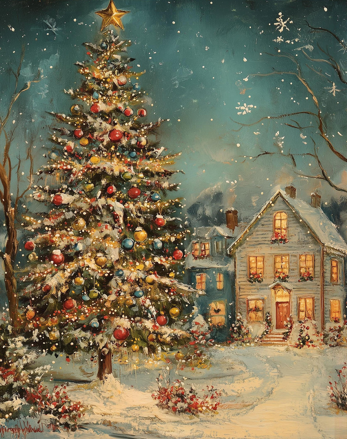 Twilight Cottage Christmas art print unframed, signed by Pattie Overcash