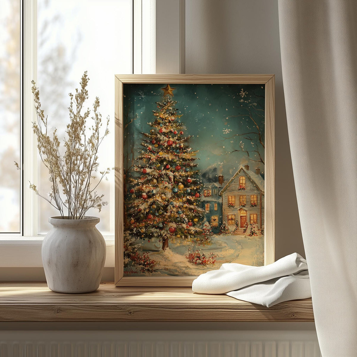 Twilight Cottage Christmas art print shown in a room setting