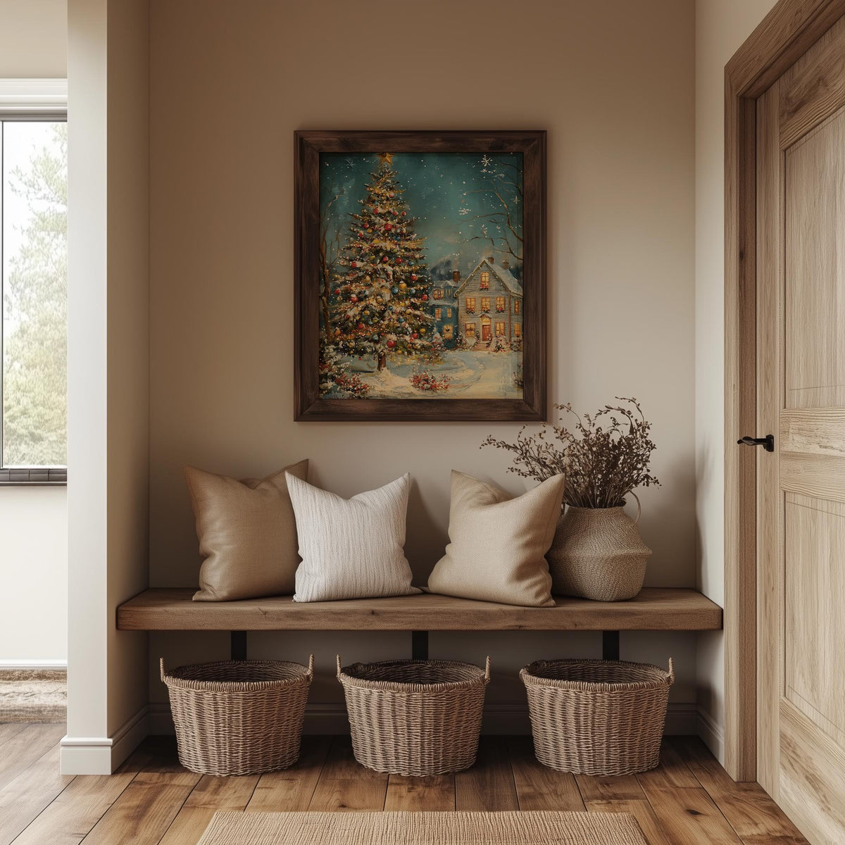 Twilight Cottage Christmas art print shown in a room setting