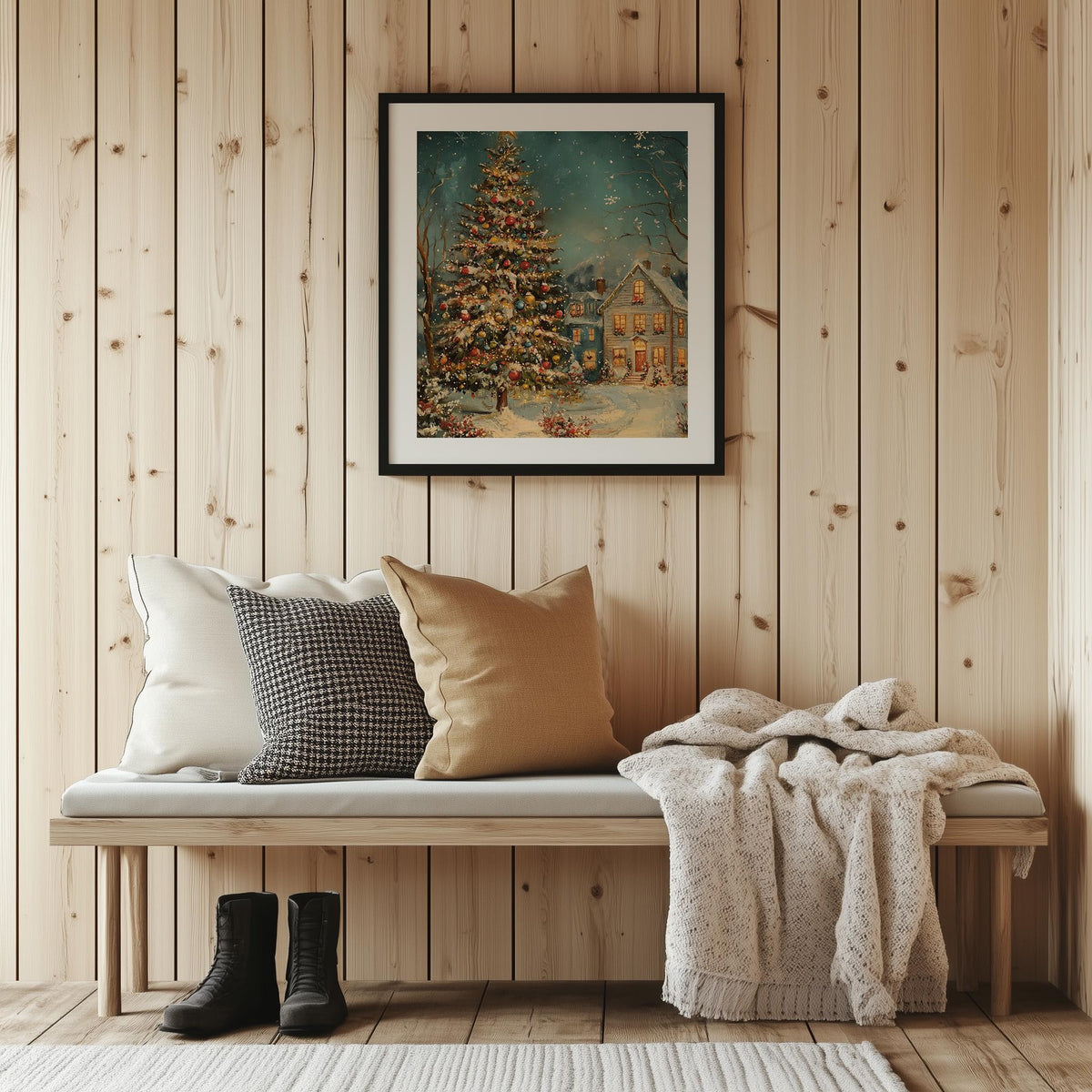 Twilight Cottage Christmas art print shown in a room setting