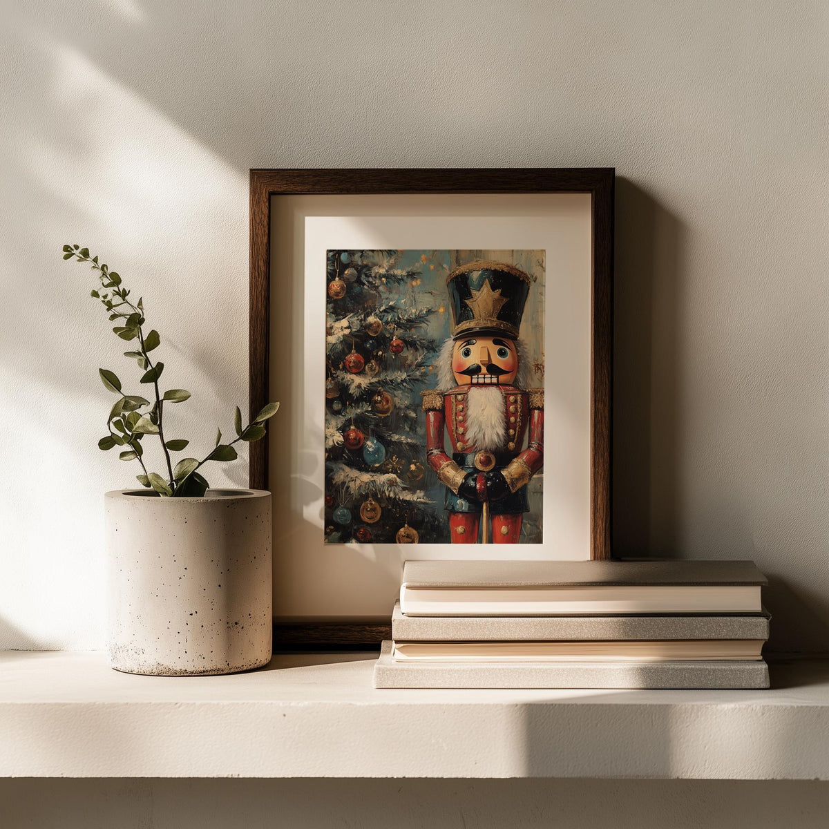 Soldier Nutcracker Christmas art print shown in a room setting