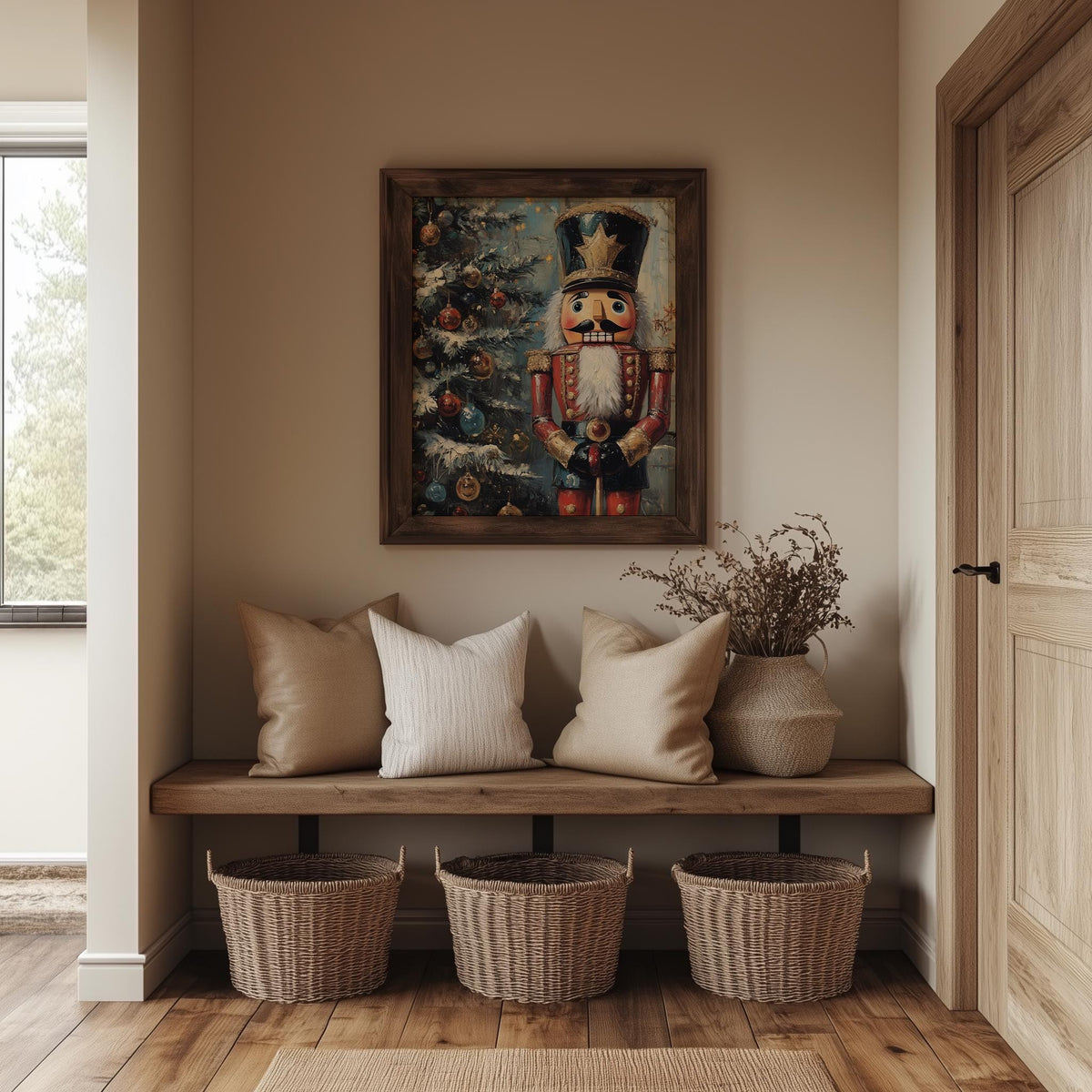 Soldier Nutcracker Christmas art print shown in a room setting