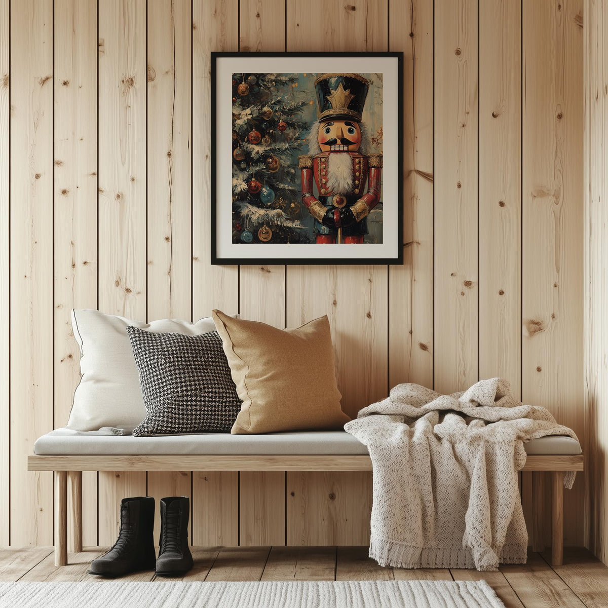 Soldier Nutcracker Christmas art print shown in a room setting