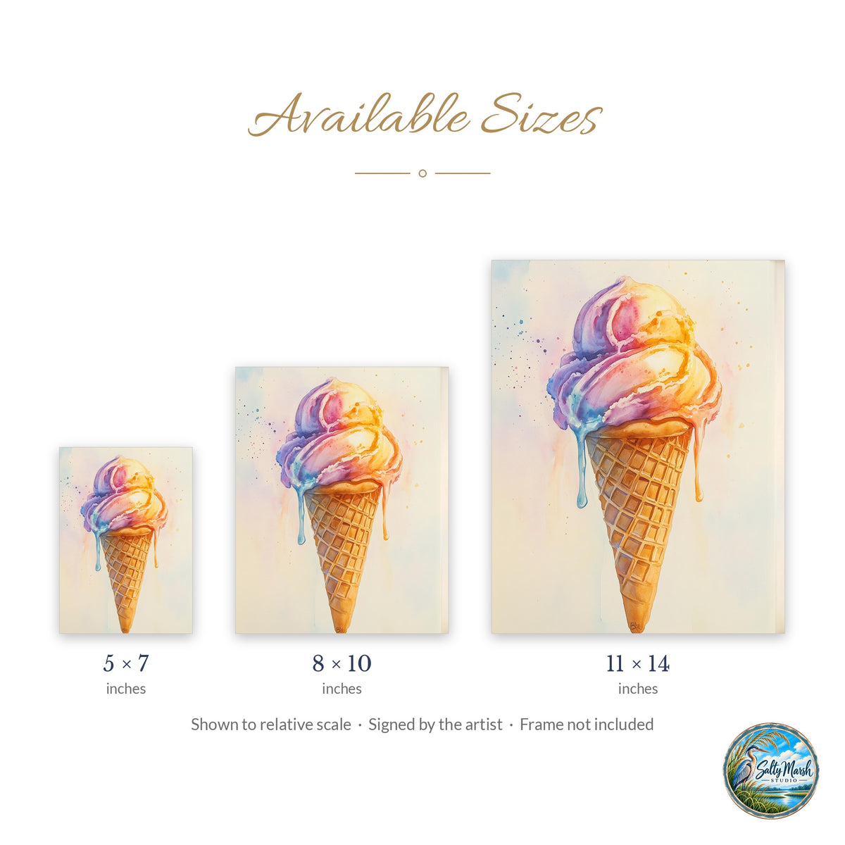 Ice Cream Cone art print size guide: 5x7, 8x10 and 11x14