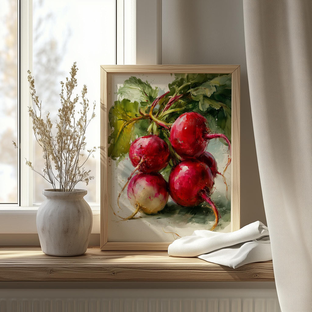 Red Radishes kitchen art print shown in a room setting