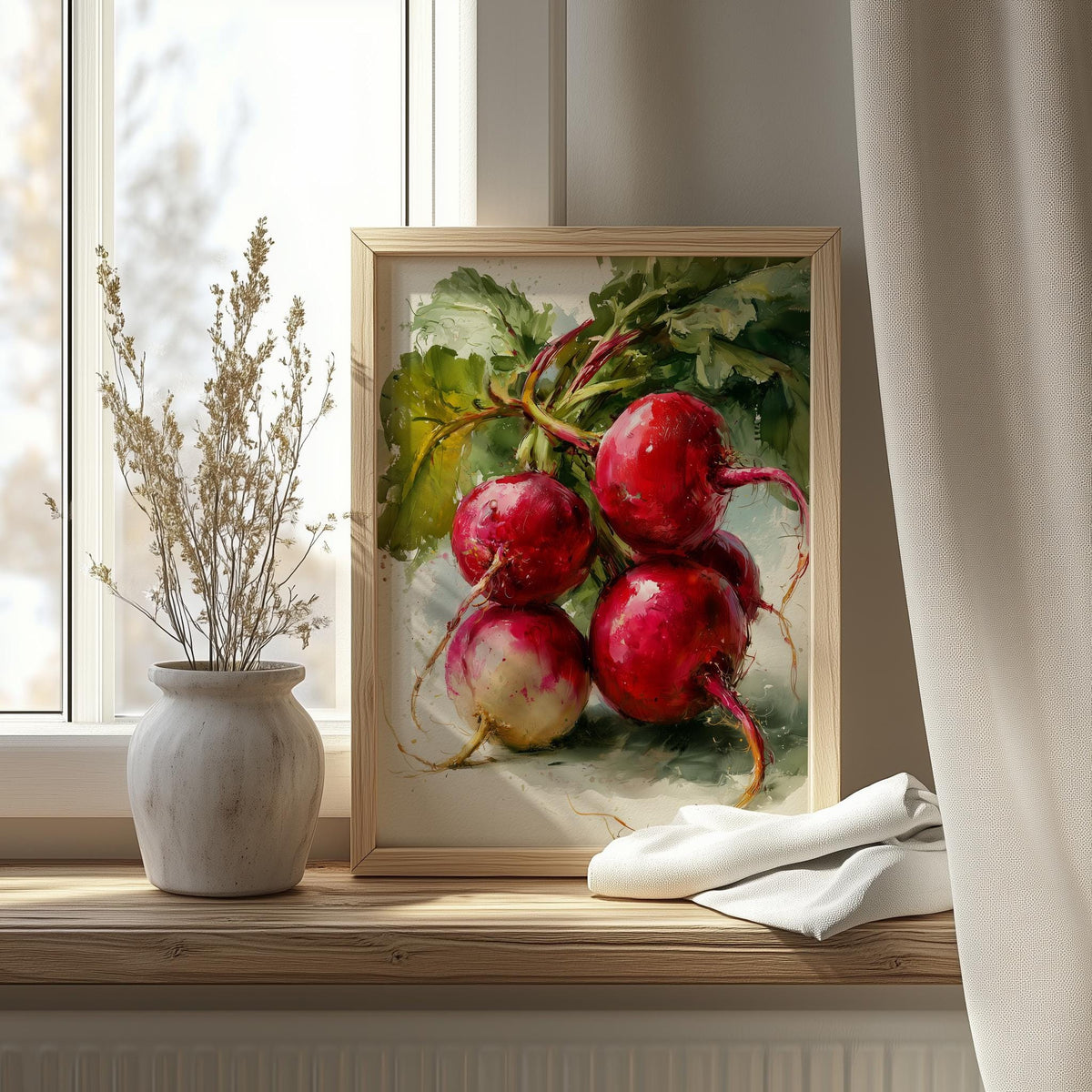 Red Radishes kitchen art print shown in a room setting