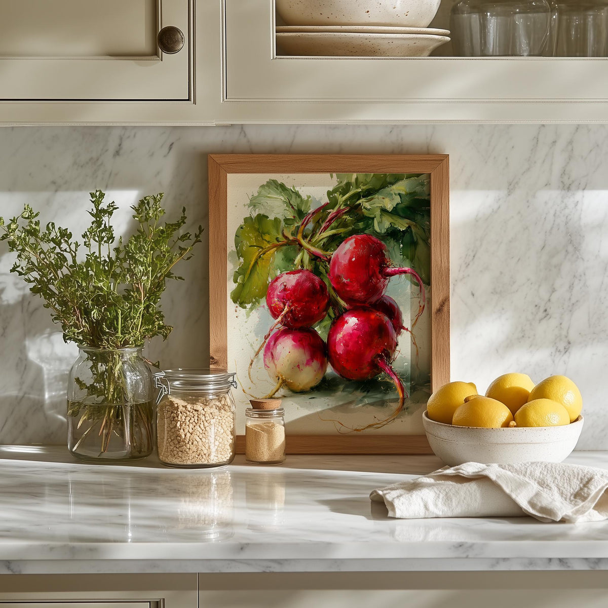 Red Radishes kitchen art print shown in a room setting