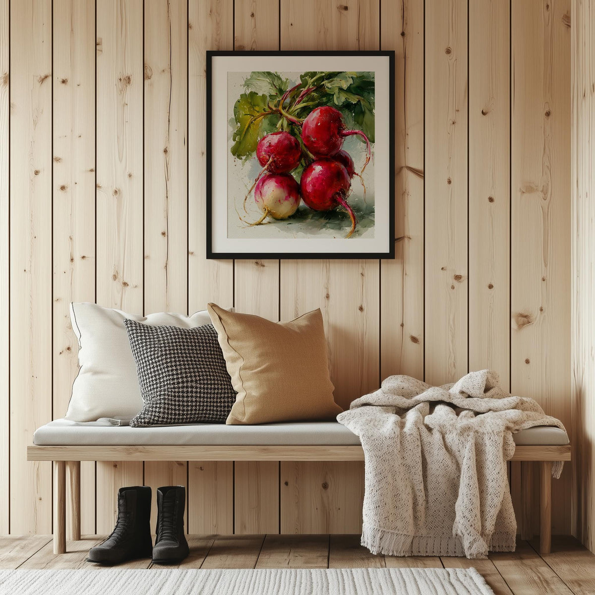 Red Radishes kitchen art print shown in a room setting