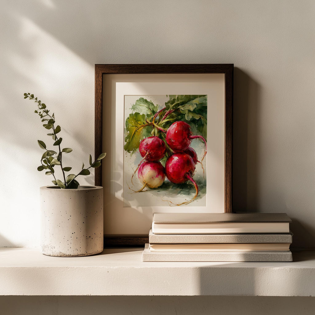 Red Radishes kitchen art print shown in a room setting