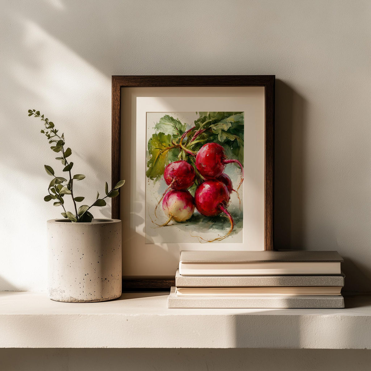 Red Radishes kitchen art print shown in a room setting
